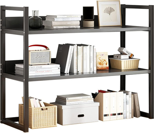 Desktop Bookcase for Computer Desk,2 Tier Adjustable Desk Bookshelf, Wood and Metal Printer Stand Office Supplies Organizers and Storage Display Shelf