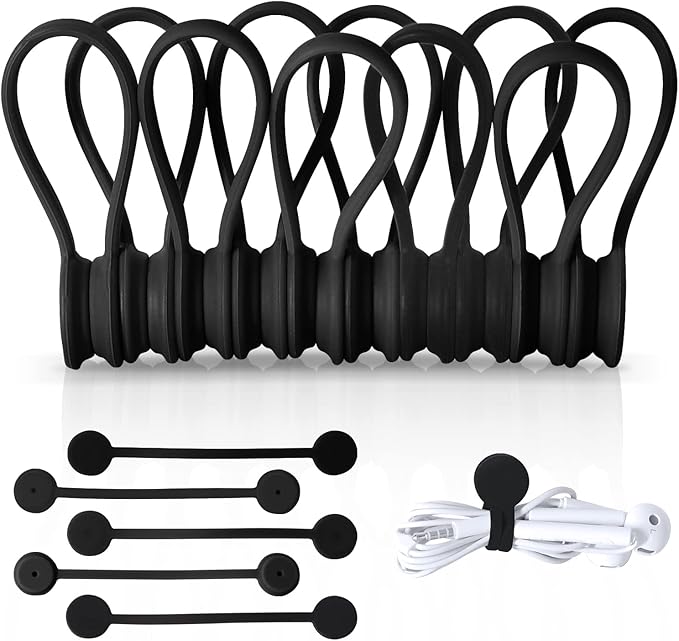 Kanemc Black Magnetic Cable Ties 10-Pack, Silicone Cord Twist Ties Magnet Strap For Charging Wire Organizer, Earphone Cords Wrap, Fridge Magnets, Storage Or Travel