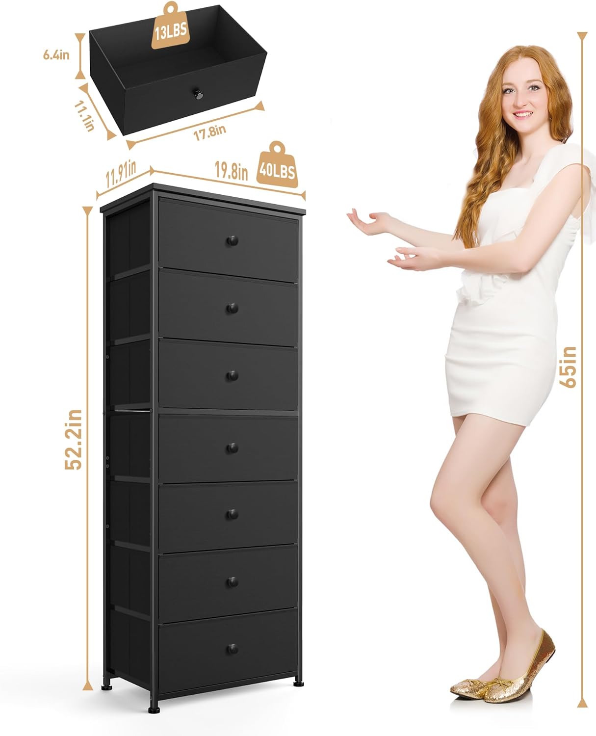 Tall Fabric Dresser for Bedroom, Vertical Storage Organizer Tower with 7 Drawers, Chest of Drawers with Bins, Steel Frame, Wood Top for Bedroom, Closet, Entryway Black