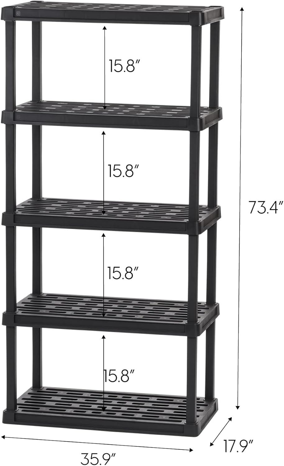 IRIS USA 5-Shelf Heavy Duty Plastic Storage Shelves, 750lb Capacity, 73"H x 36"W x 18"D, Large Modular Shelving Unit Storage Organizer for Garage, Home, Warehouse & Gym, Storage Rack - Black