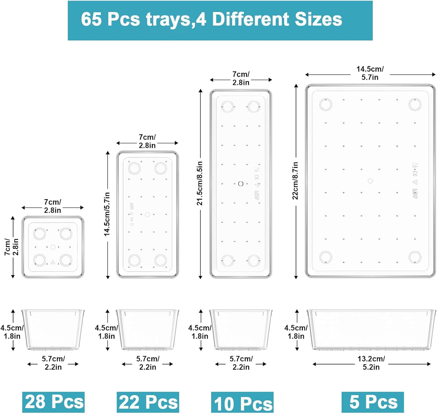 Drawer Organizers Set of 65, 4 Sizes Clear Plastic Drawer Organizers and Storage Bins for Kitchen, Bathroom, Office, Dresser Desk Drawer Organizer Tray for Jewelry, Makeup, Junk, Gadgets
