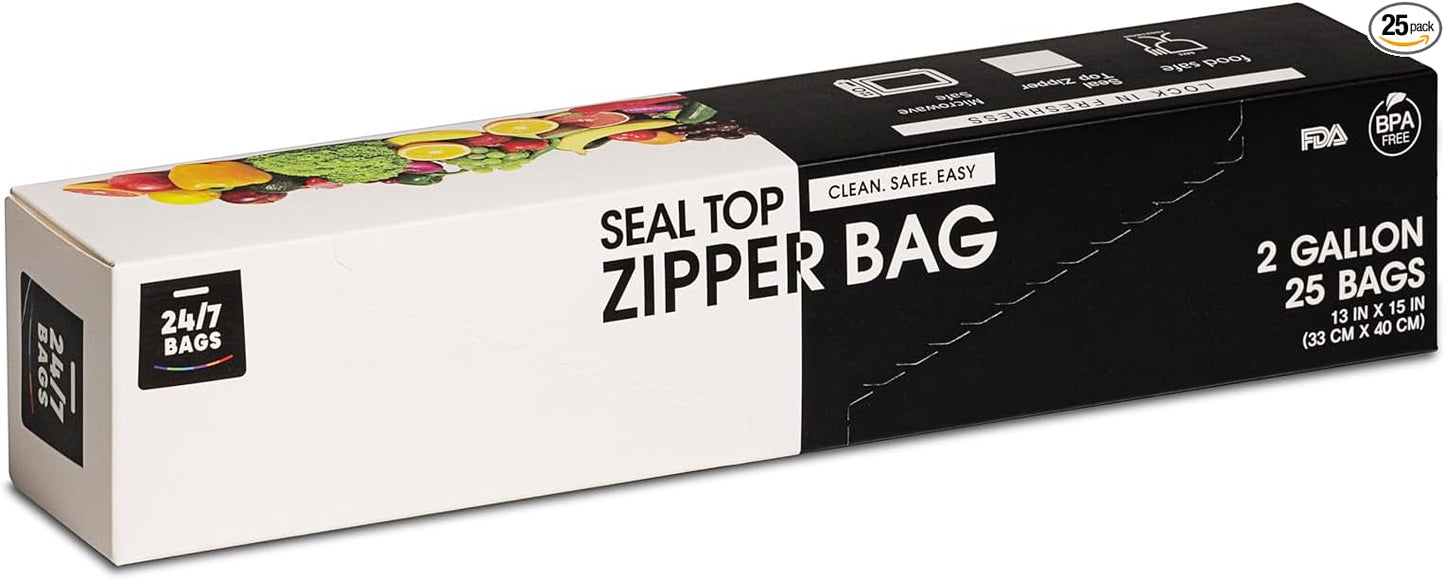 24/7 Bags- 2 Gallon Food Storage Bags, 25 Count, Double Zipper Seal, 2.5 Mil Thick, Easy Grip Open Tabs, Write-On Space, BPA-Free, Microwave Safe, Non-StandUp