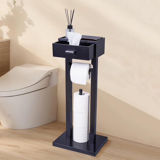 Freestanding Toilet Paper Holder Stand with Shelf, Matte Black Wooden Toilet Paper Roll Holder with Wet Wipes Storage Drawer,Bathroom