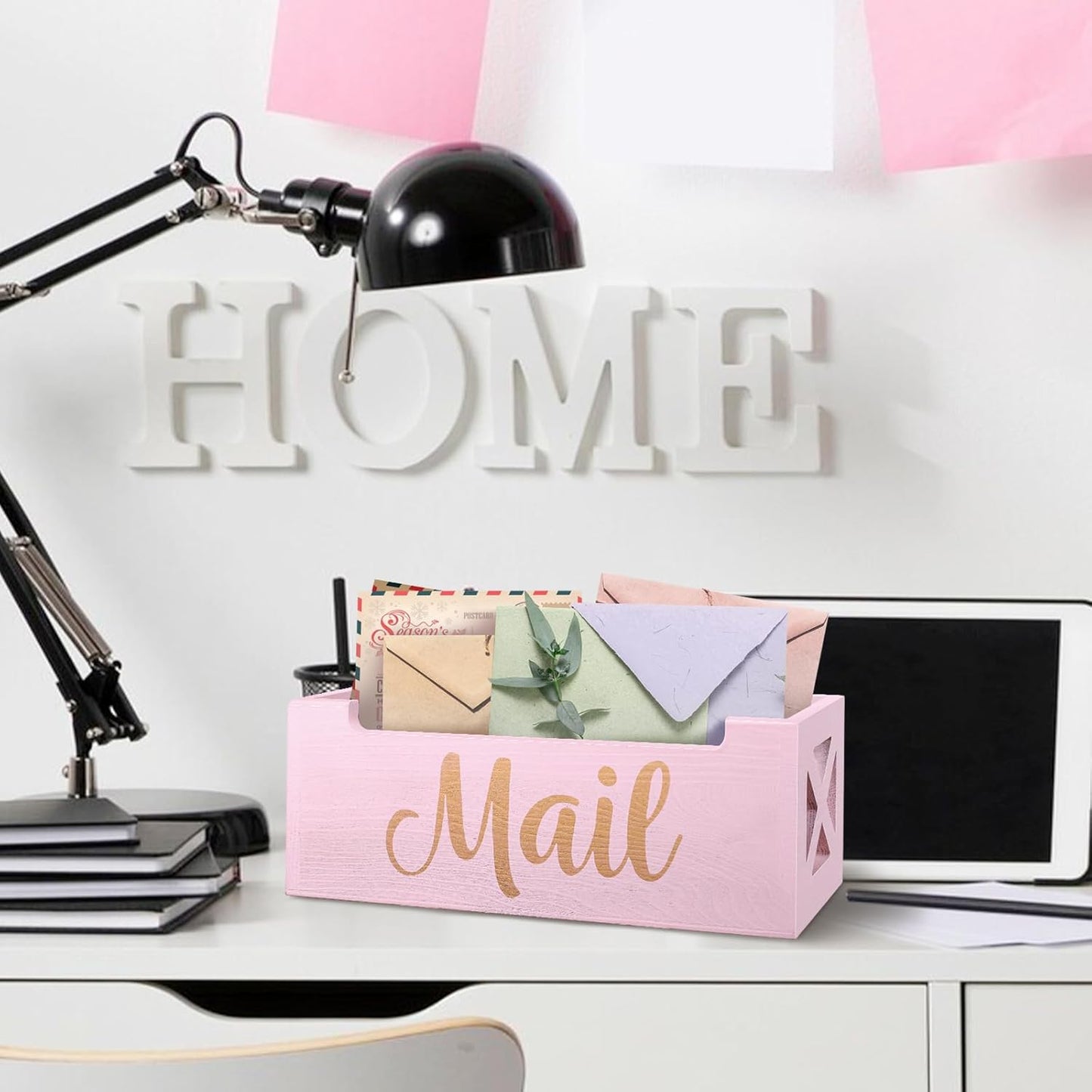 Pink Mail Organizer Cute Mail Holder Countertop, Wooden Mail Basket Mail Tray Letter Holder for Office Desk, Farmhouse Mail Storage Box Wall Mounted