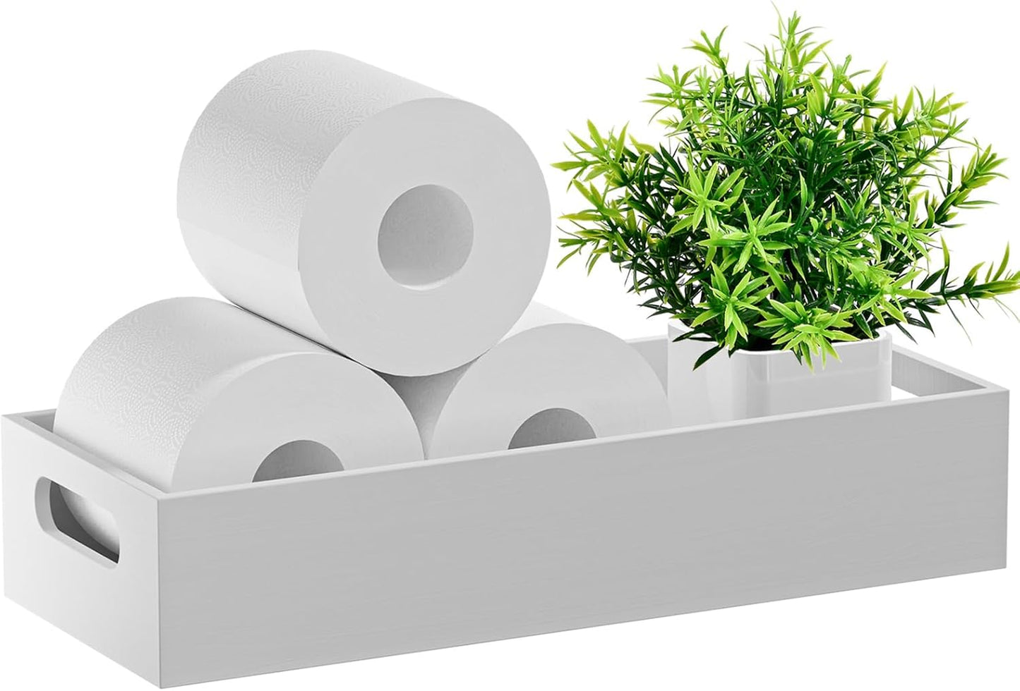 VITVITI Bamboo Toilet Paper Holder Storage, Bamboo Tray for Bathroom with Handle, Toilet Tissue Holder Organizer Basket Container for Toilet Tank/Kitchen Counter, Natural, White