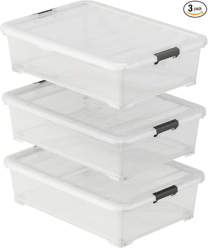 Morcte 50 Quart Clear Plastic Under Bed Storage Box, 3-Pack Under Bed Storage Containers on Wheels