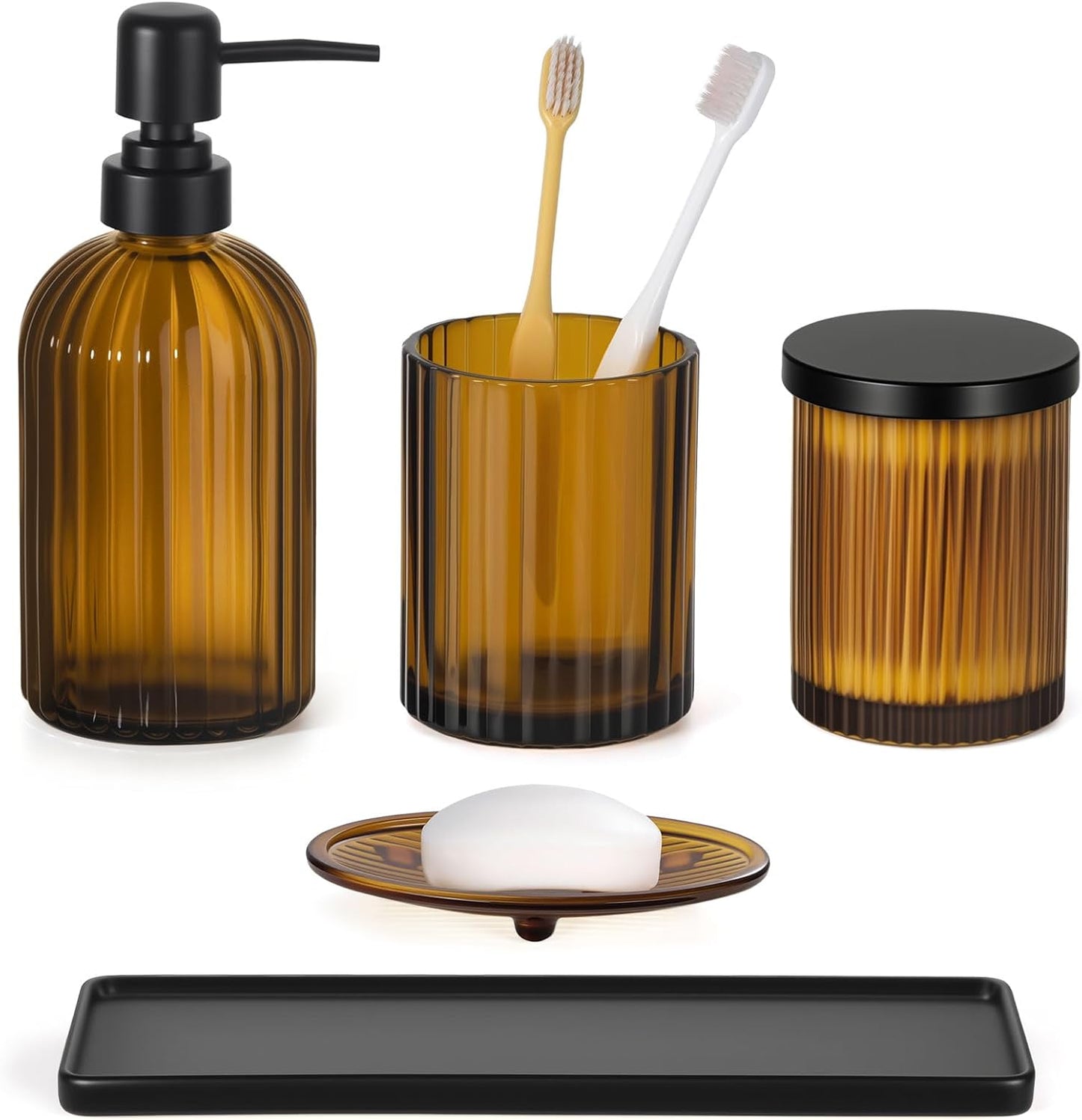Shinowa Bathroom Accessories Set, 5 Pcs Clear Glass Bathroom Accessory Sets Complete with Soap Dispenser, Toothbrush Holder, Q-Tips Holder, Soap Dish, Ceramic Tray, Vanity Organizer, Brown + Black