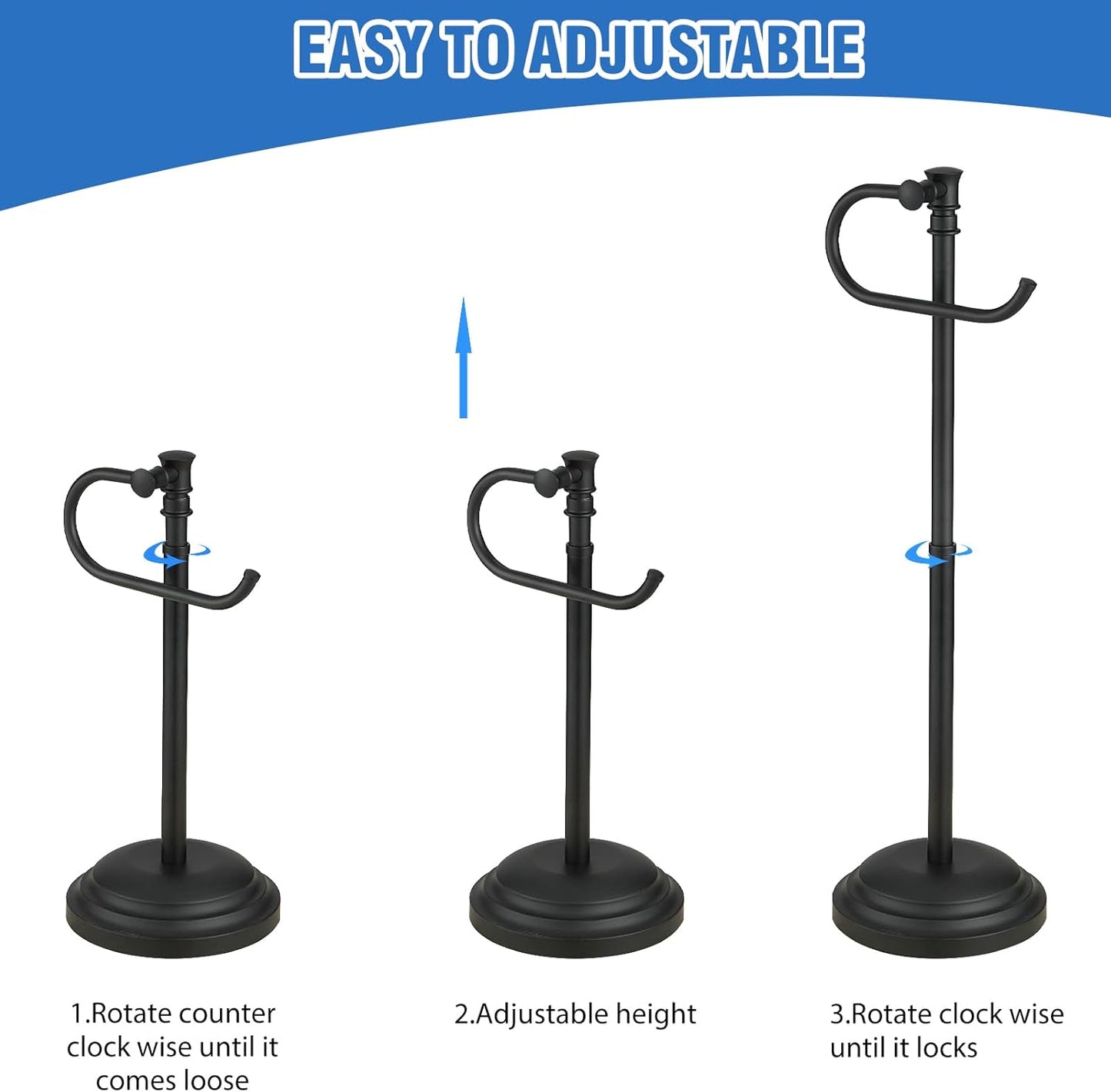 RUMOSE Toilet Paper Holder Stand for Floor,Matte Black Adjustable (12.4" to 22.8") Bathroom Toilet Tissue Holder, Free Standing Toilet Paper Roll Holder with Storage, Stainless Steel