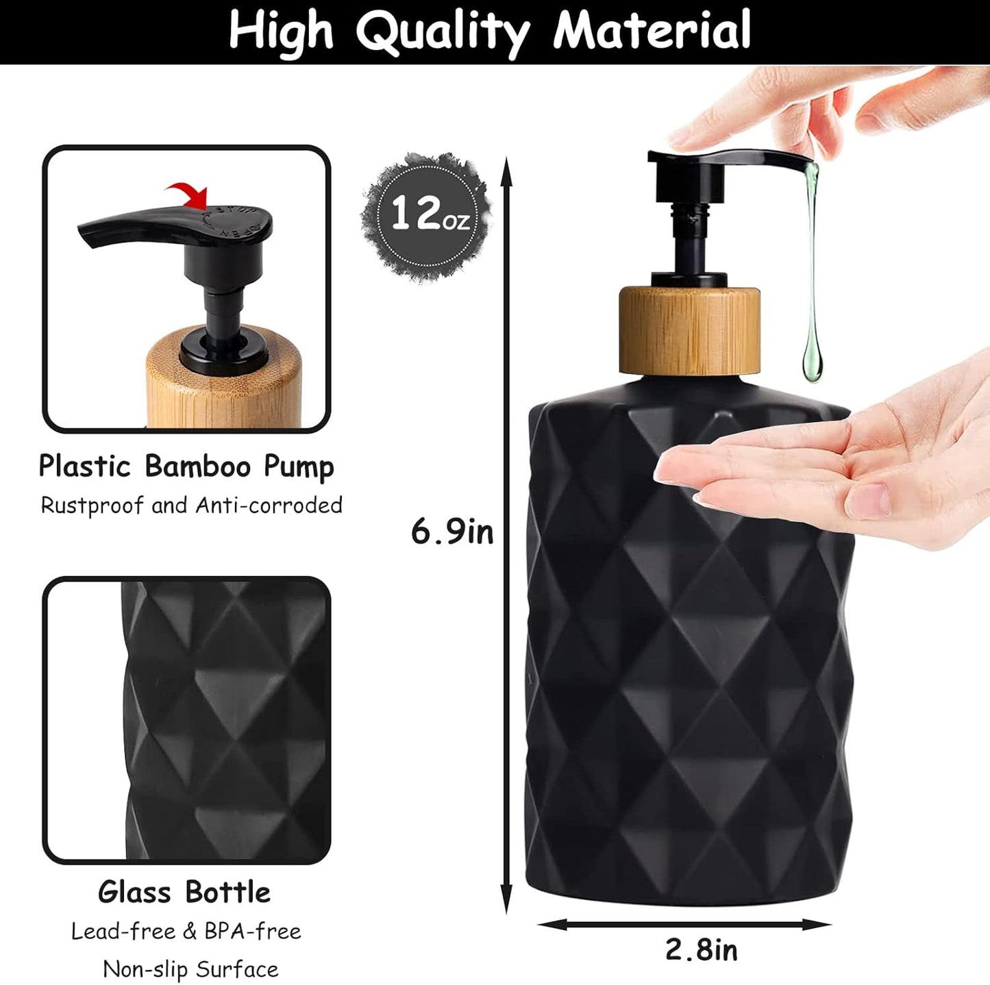 Black Glass Soap Dispenser Set with Bamboo Pump, 12oz Refillable Liquid Hand Soap, Lotion Dispenser for Modern Home Decor, Bathroom, Kitchen Countertop, Hotel (2 Pack)