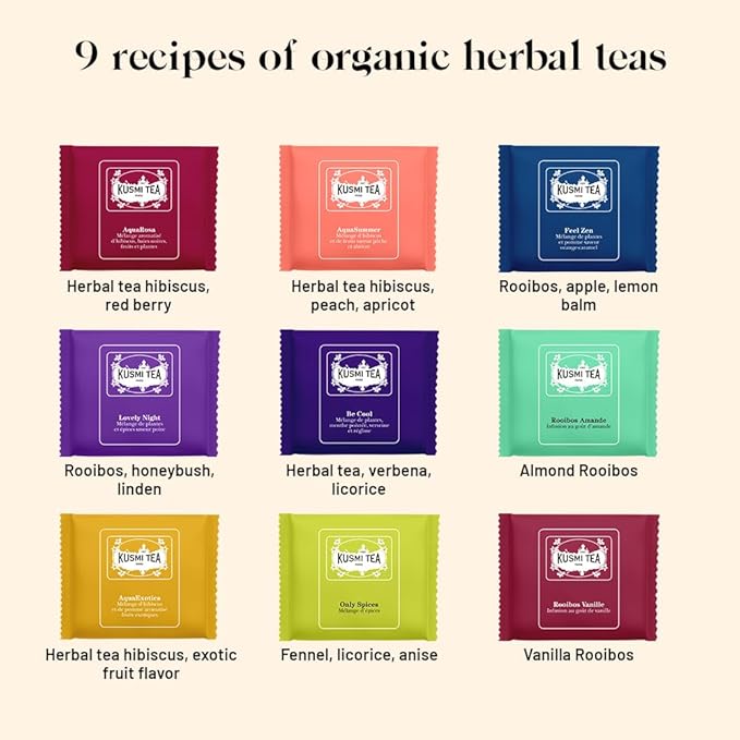Kusmi Tea - Organic Herbal Tea Gift Set - Sampler Assortment Variety Box - Gift Idea for Men and Women - Caffeine-Free Teas - Hibiscus Tea, Chamomile Tea, Rooibos - 9 Recipes - 45 Tea Bags