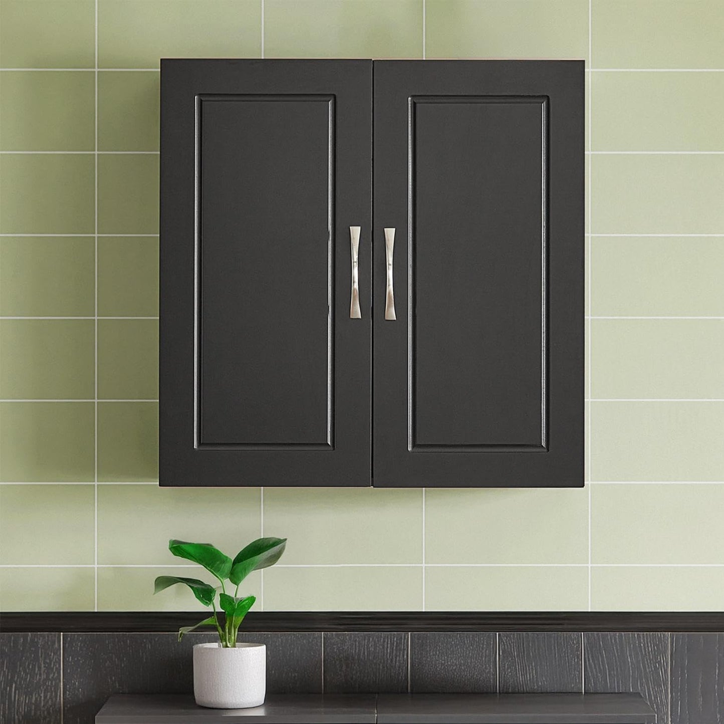 Black Wall Cabinet for Bathroom or Laundry Room, Wall Mounted Storage Cabinet with Doors and Shelf, MDF Organizer Over Toilet, HUS-FRG231