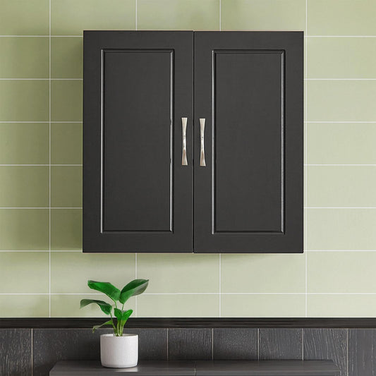 Black Wall Cabinet for Bathroom or Laundry Room, Wall Mounted Storage Cabinet with Doors and Shelf, MDF Organizer Over Toilet, HUS-FRG231