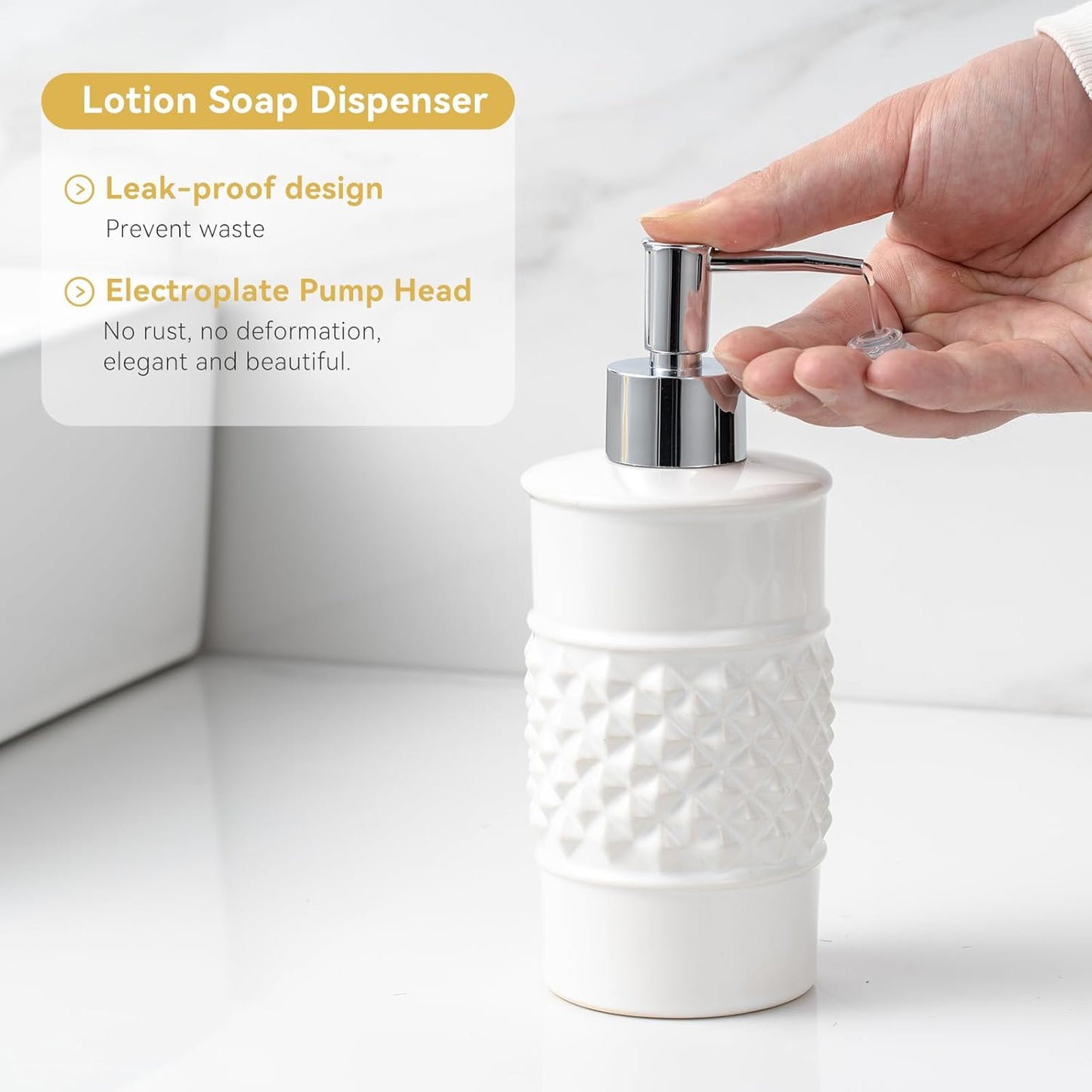3-Piece White Ceramic Bathroom Accessories Set - Luxurious Soap Dispenser, Toothbrush Holder & Soap Dish with Modern Geo Embossed Design for Bathroom Accessory Set