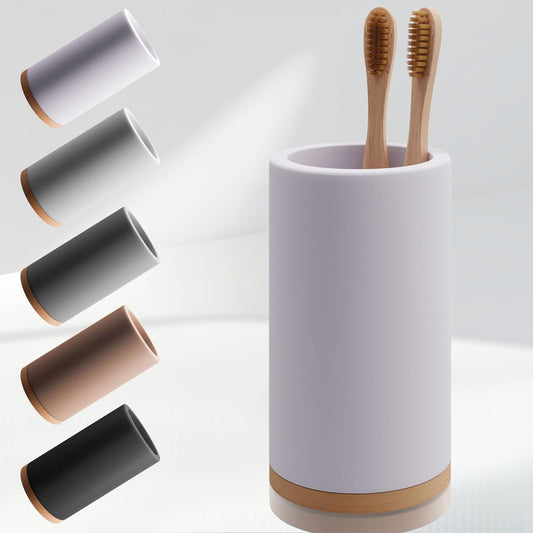 Matani Diatomite & Bamboo Toothbrush Holder - Quick-Drying, Water-Absorbent Stand with Removable Base & Drain Holes for Bathroom Countertop (Beige)