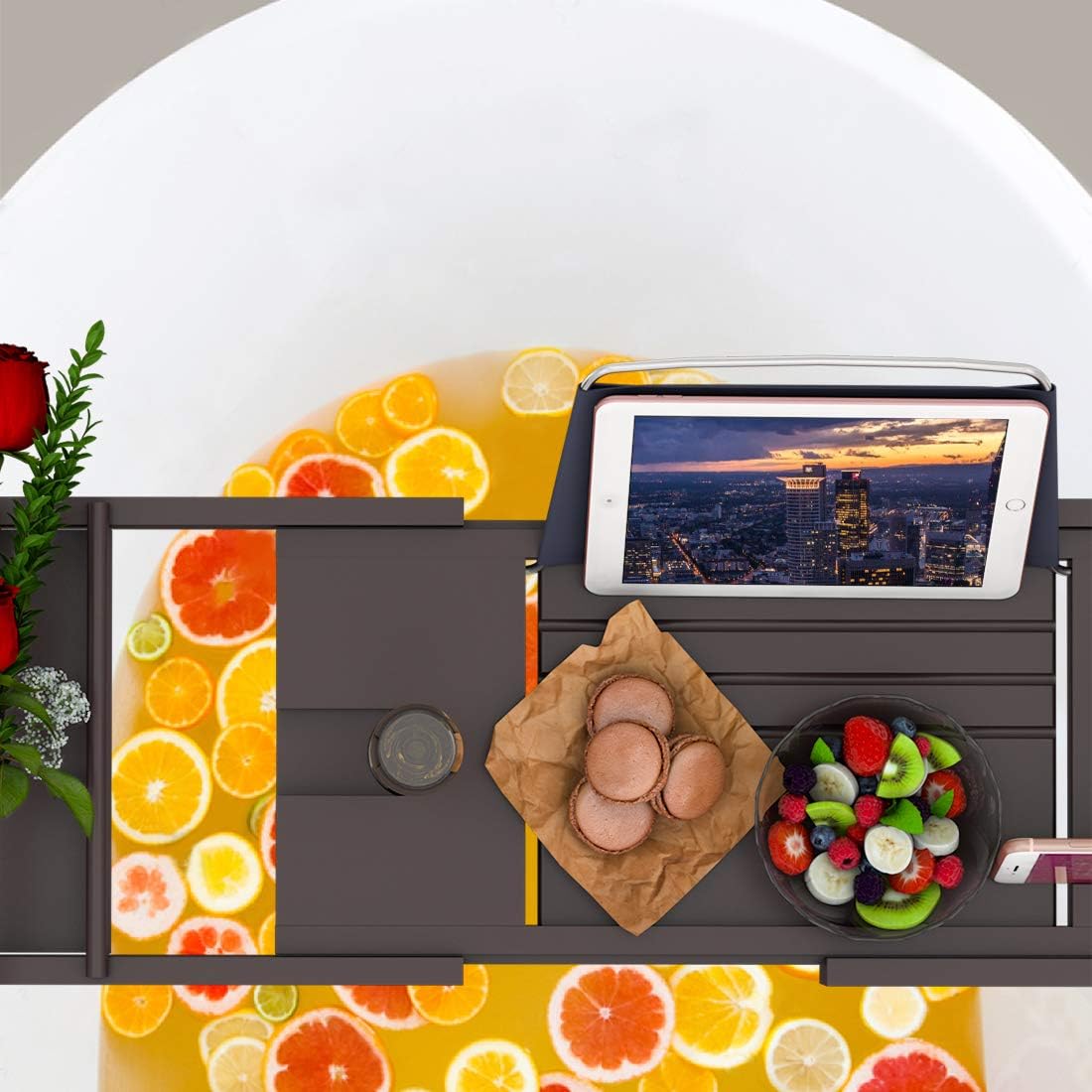 Bathtub Caddy Tray for Luxury Bath - Bamboo Waterproof Expandable Bath Table Over Tub with Wine and Book Holder and Free Soap Dish (Brown)