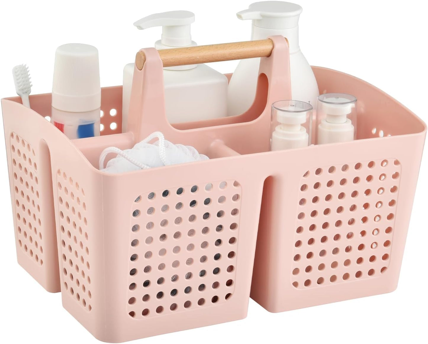 Portable Shower Caddy Basket with Compartments, Plastic Divided Cleaning Caddy Organizer Storage Tote with Handle for Bathroom, College, Dorm Room Essentials, Pink