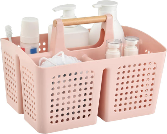 Portable Shower Caddy Basket with Compartments, Plastic Divided Cleaning Caddy Organizer Storage Tote with Handle for Bathroom, College, Dorm Room Essentials, Pink