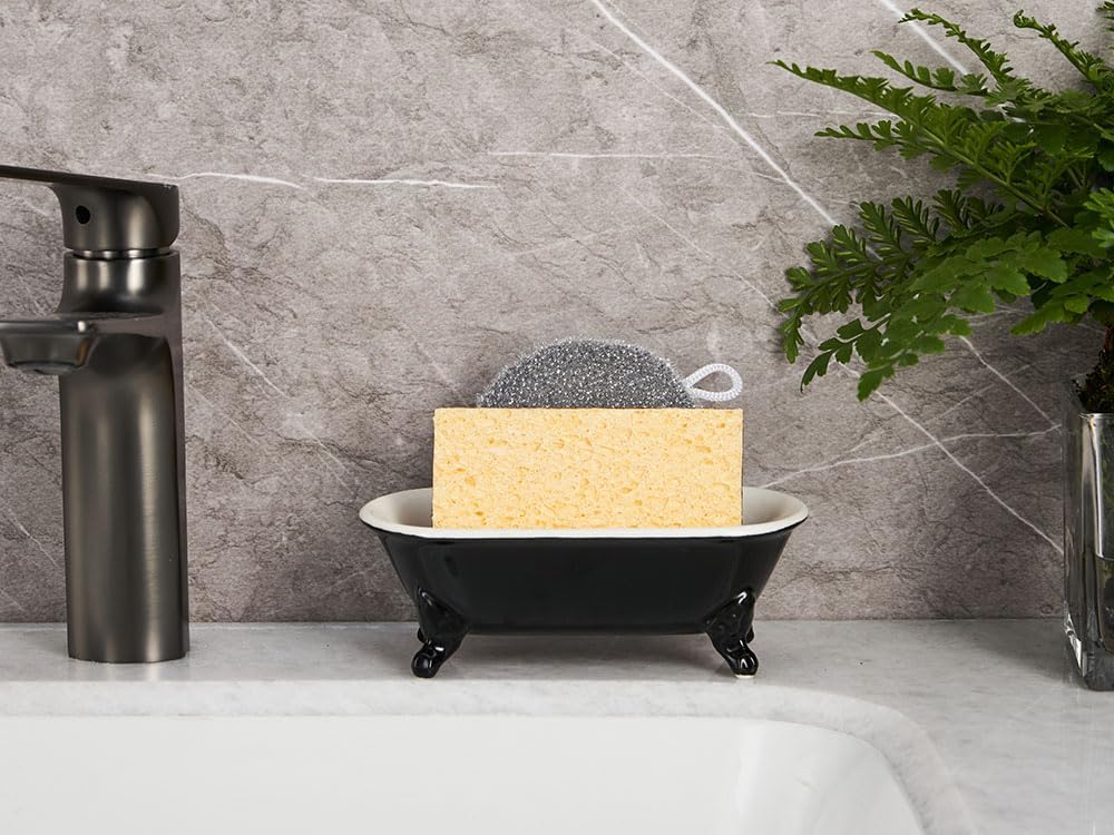 6.5" Ceramic Mini Decorative Clawfoot Bathtub Bar Soap Dish, Kitchen Sponge Holder and Shower Tray for Bathroom, 1 Pack(Black)