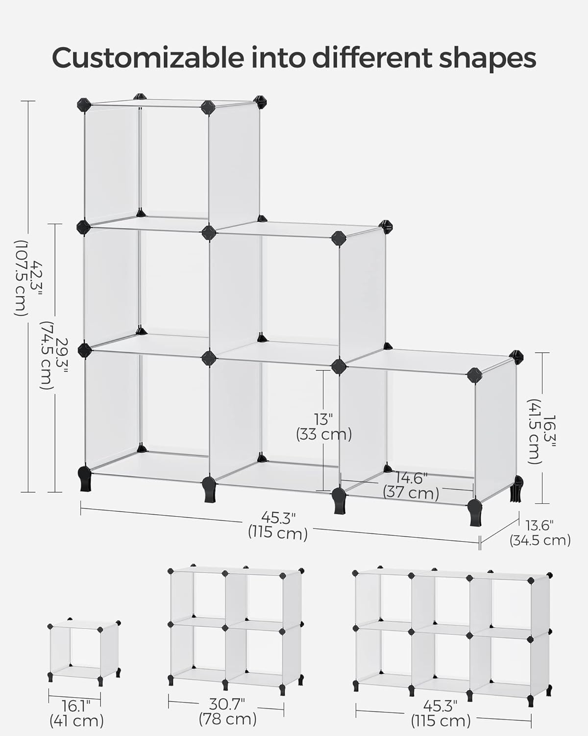 SONGMICS 6 Cube Storage Organizer, Modular Bookshelf, DIY Closet Organizers and Storage, Plastic Stackable Shelves, 14.6 x 13 x 13 Inch Cubes, with Feet and Rubber Mallet, White ULPC206W01