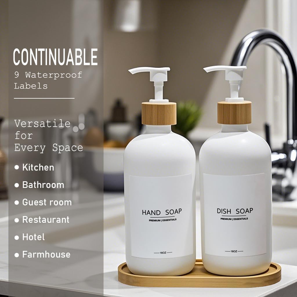 Luxury Glass Soap Dispenser Set - 2 Refillable 16.9oz Bottles, Bamboo Pump & Tray for Farmhouse & Modern Decor, 9 Waterproof Labels for Kitchen/Bathroom (White Bottle+White Bamboo Pumps+Tray)