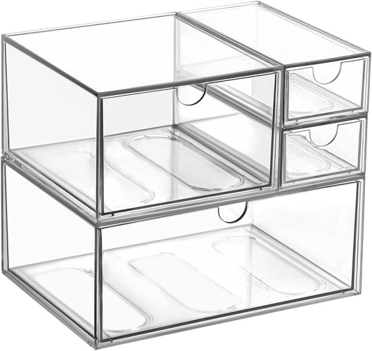 Makeup Drawer Organizer, Desk Drawer Organizer With 4 Drawers, 3 Different Sizes, Suitable For Office Desk, Bathroom, Bedroom, Jewelry, Stationery, Handicraft Storage And Organization, clear
