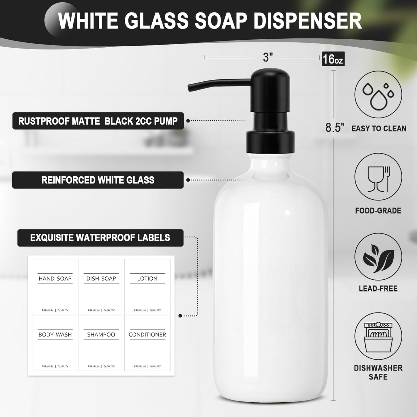 Hand Soap Dispenser for Kitchen, White Soap Dispensers with Stainless Steel Pump, Bathroom Soap Dispenser Set with Wood Riser Tray, Kitchen Dish Soap Dispensers Bathroom Decor(White)
