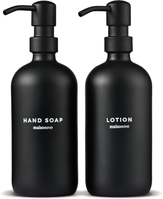 MaisoNovo Soap Dispenser 2-Piece Set | 16.9oz Black Bottles with Black Stainless Steel Pumps