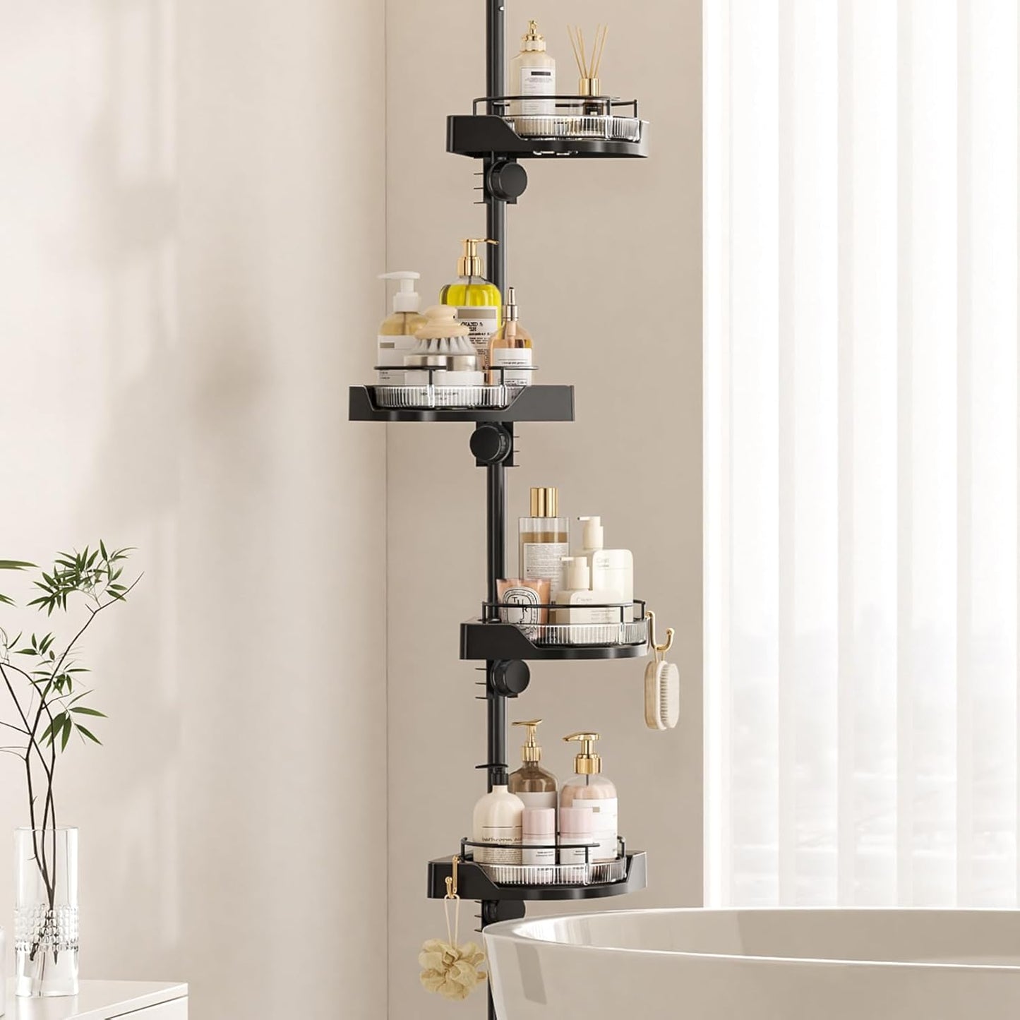 Shower Caddy Tension Pole with 4 L-Lazy Susan Organizer 360 Rotating 35-128 Inch No Drilling Floor Standing Shelves Adjustable Shower Rack for Bathroom Corner (Black)
