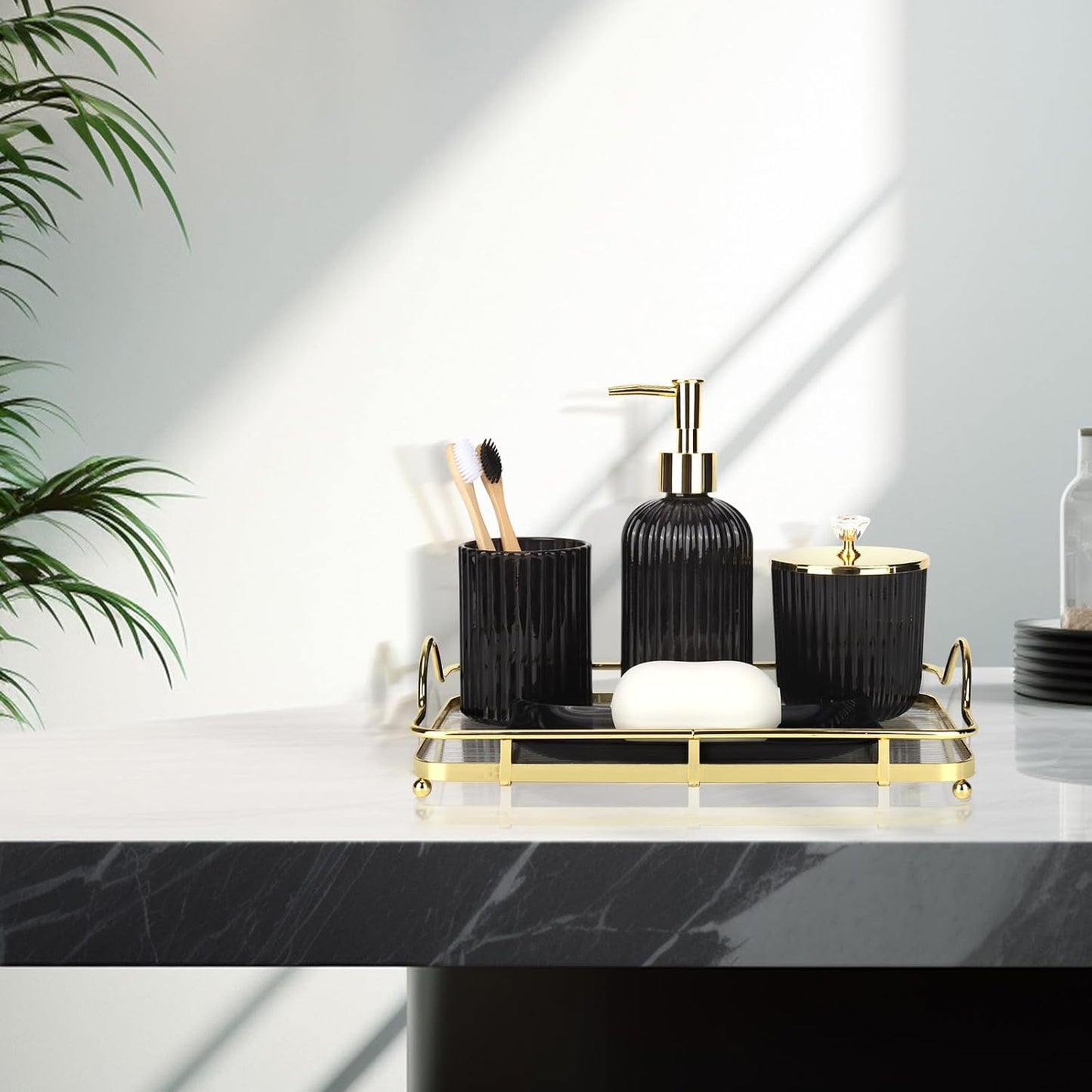 Designer Black Glass Bathroom Accessories Sets - 4 Pcs with Lotion Soap Dispenser, Bathroom Toothbrush Holder, Vanity Tray, and Apothecary Jar, Vintage Bathroom Decor, Gift Countertop Organizer