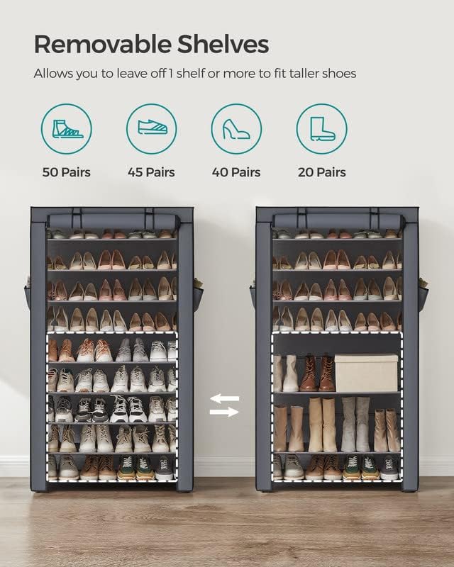 SONGMICS 10-Tier Shoe Rack, Shoe Storage Cabinet with Dustproof Cover, Free-Standing Shoe Storage Organizer for Closet, Entryway, Hold 40-50 Pairs of Shoes, for Sneakers, High Heels, Gray URXJ36G
