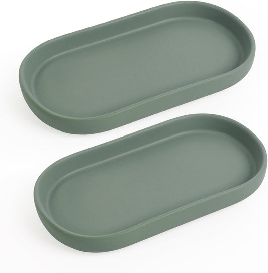 INGOFIN 7" Ceramic Bathroom Vanity Tray Set- 2 Pcs Bathroom Organizer Countertop Tray for Perfume, Jewelry, Small Kitchen Counter Soap Tray, Decorative for Bathroom Vanity and Toilet Tank, Green