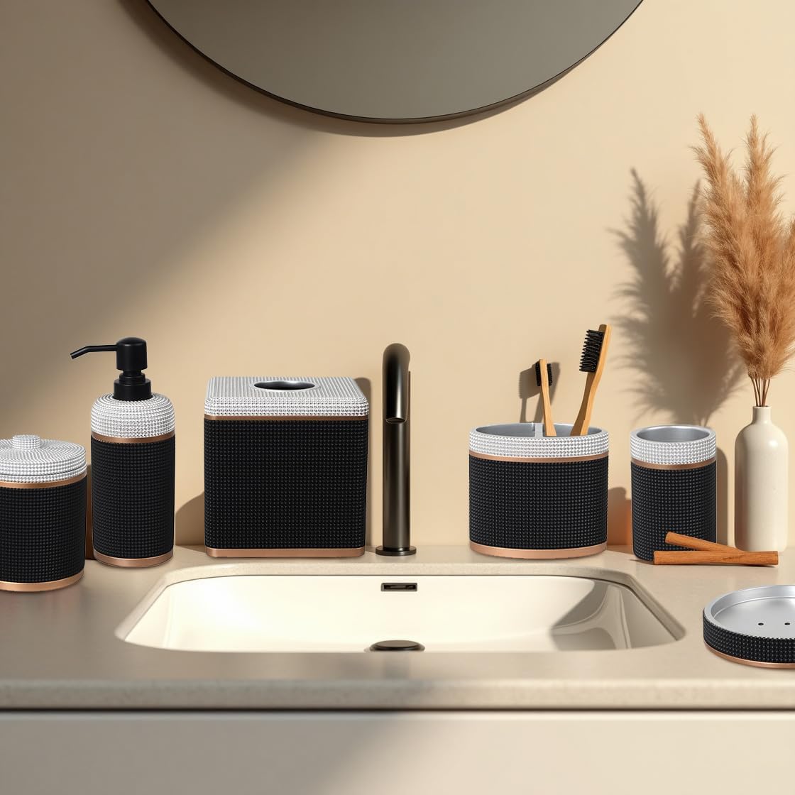 6-Piece Bathroom Accessories Set – Soap Dispenser, Toothbrush Holder, Tumbler, Soap Dish, Cotton Swab Jar & Toilet Brush – Modern Bathroom Decor Set (Seiler)