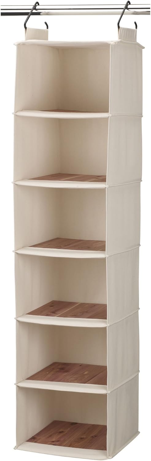 Household Essentials Cedarline 6-Shelf Hanging Closet Organizer, Heavy-Duty Cotton Canvas, Breathable, Versatile, Compact, Perfect for Rod or Wire Closets, Natural