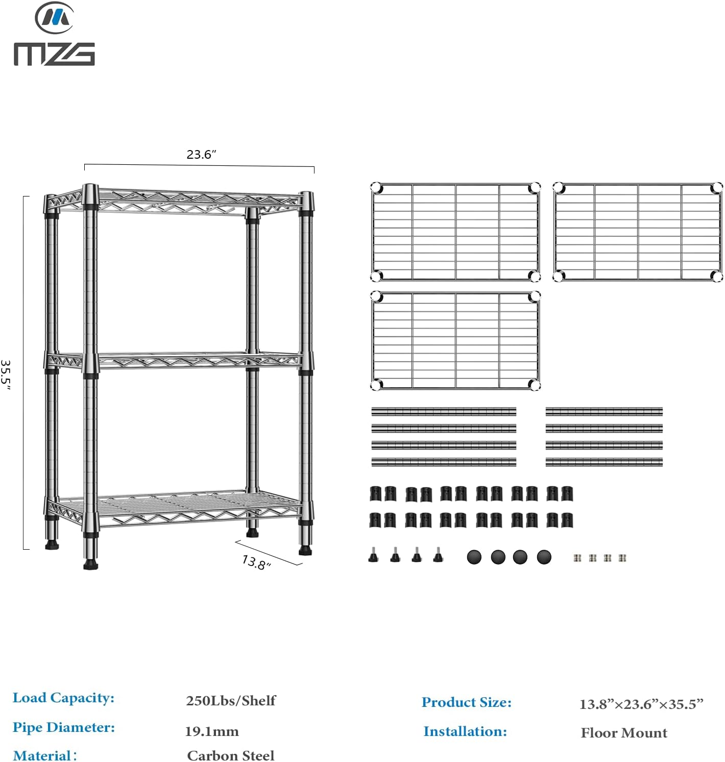 750 lbs 3 Tier Shelf Metal Storage Shelves Shelving Wire Rack Heavy Duty Closet Organizers for Garage Kitchen Bathroom Laundry Chrome 13.8" D x 23.6" W x 35.5" H