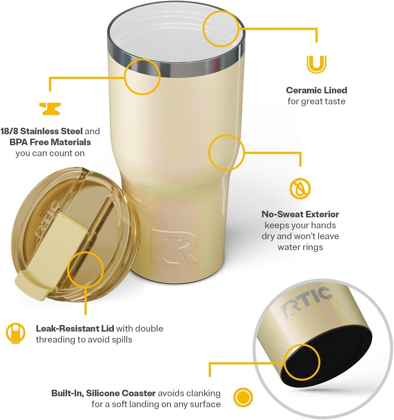 RTIC 30oz Essential Tumbler with Lid, Ceramic Lined, Insulated, Stainless Steel, Metal, Double Wall Vacuum-Insulation, Travel Cup for Iced Coffee, Tea, Hot and Cold Drink, Sunlight Glitter