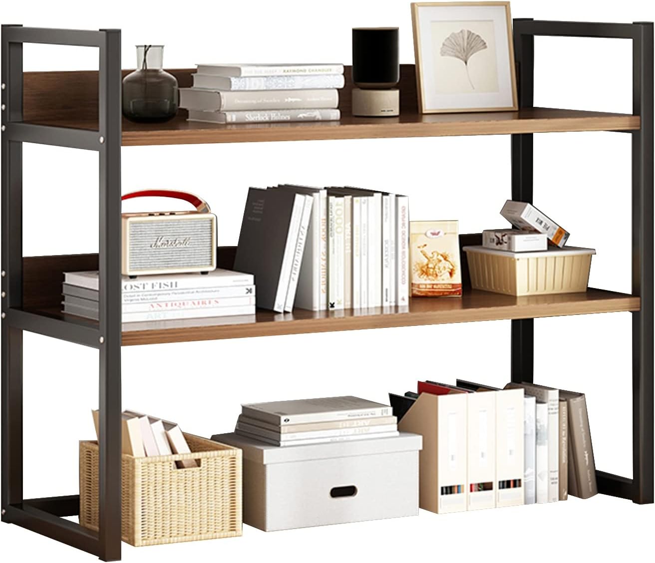 Desktop Bookcase for Computer Desk,2 Tier Adjustable Desk Bookshelf, Wood and Metal Printer Stand Office Supplies Organizers and Storage Display Shelf