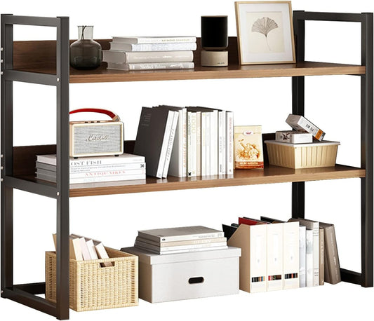 Desktop Bookcase for Computer Desk,2 Tier Adjustable Desk Bookshelf, Wood and Metal Printer Stand Office Supplies Organizers and Storage Display Shelf