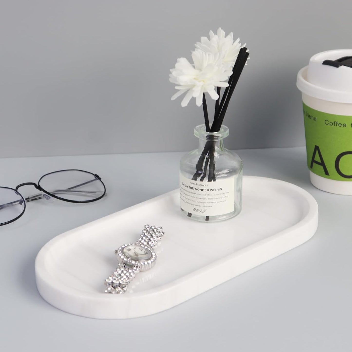 Natural Marble Tray, Oval Vanity Decorative Tray for Bathroom Counter, Countertop Stone Organizer, Catchall Tray for Kitchen, Perfume, Candles, Jewelry Dish Decorative Tray