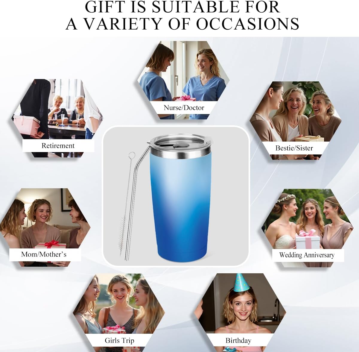 20 oz Insulated Tumbler, Tumbler with Lid Straw, Insulated Travel Coffee Mug Stainless Steel Cup for Cold Hot Drink Gift for Women Friend Girls Sister Colleague Christmas Birthday Friendship (Sky)