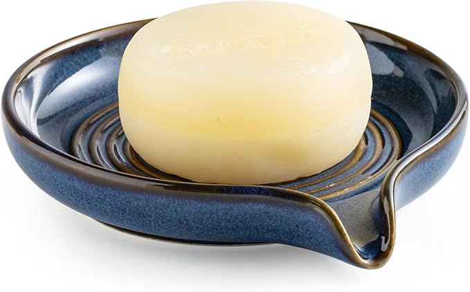 Soap Dishes, Ceramic Shower Soap Dish with Waterfall Design Bar Soap Holder Self Draining Soap Saver for Shower, Bathroom, Sink, Kitchen and Countertop, Blue