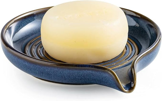 Soap Dishes, Ceramic Shower Soap Dish with Waterfall Design Bar Soap Holder Self Draining Soap Saver for Shower, Bathroom, Sink, Kitchen and Countertop, Blue
