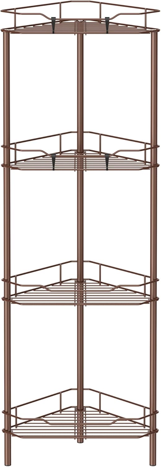 4 Tier Floor Standing Corner Shower Caddy Organizer Shelf with Hooks, Bathroom Shelves Stand Rack, Coffee