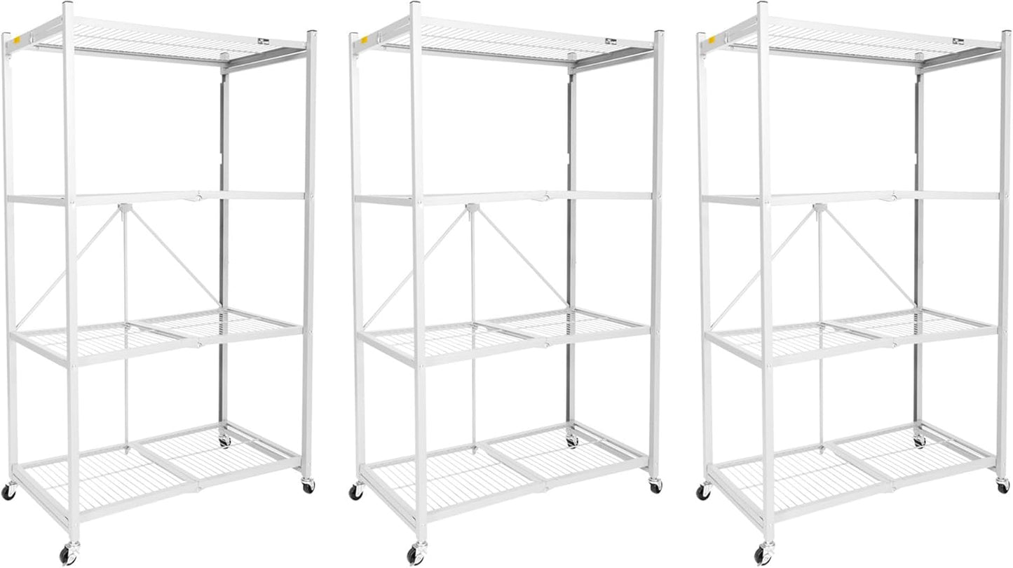 Origami 3-Pack R5 Storage Rack, 4-Tier Heavy-Duty Foldable Steel Shelf with Wheels, White