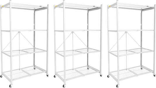 Origami 3-Pack R5 Storage Rack, 4-Tier Heavy-Duty Foldable Steel Shelf with Wheels, White