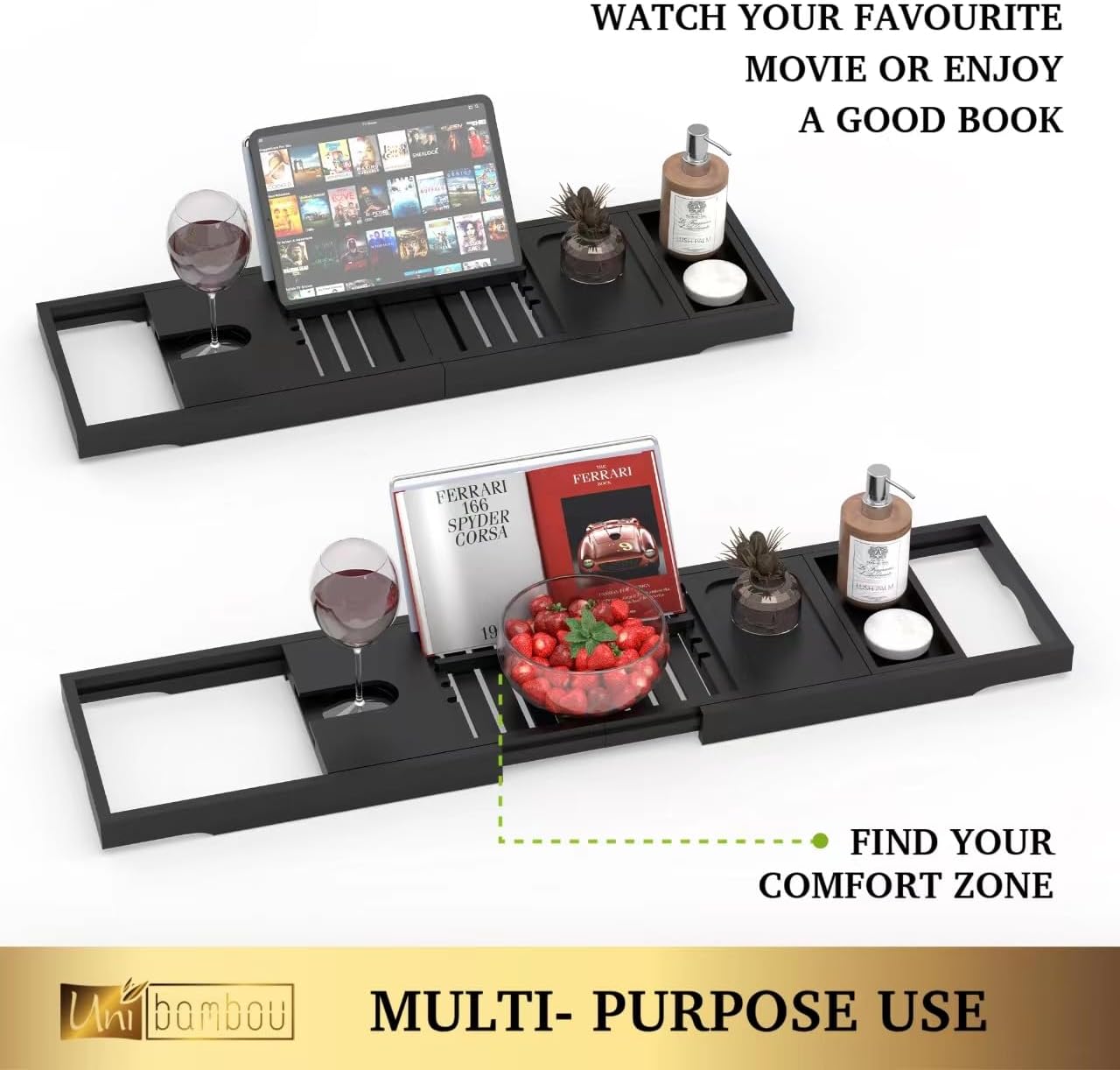 Foldable Bathtub Tray - Expandable Bamboo Bath Caddy Tray for Tub - Luxury Wood Bath Accessories, Perfect Spa Experience for New Home - Unique House Warming Gifts for Mom, Women, Couples