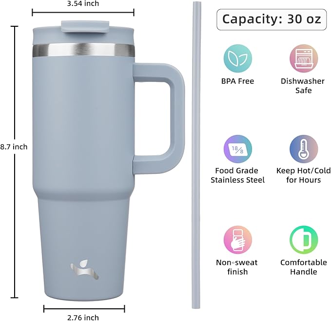 30 oz Tumbler with Handle and 2 Straws,2 in 1 Lid Insulated Water Bottle Stainless Steel Travel Coffee Mug,Lavender