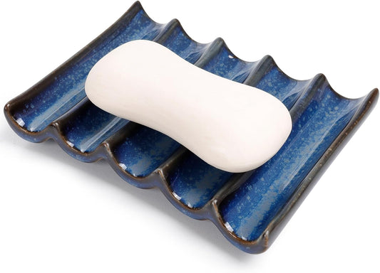 Ceramic Soap Dish, Bar Soap Holder with Self Draining Design, Large Soap Tray for Shower, Sink, Countertop, Bathroom & Kitchen, ANTIS'S HOME (Blue)