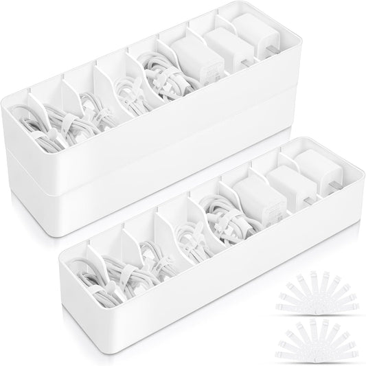 Tatuo 2 Pcs Cable Organizer with 20 Wire Ties, Plastic Cord Storage Charger Electronics Box with Adjustment Compartments for Drawer Home Office Desk Accessories (White)