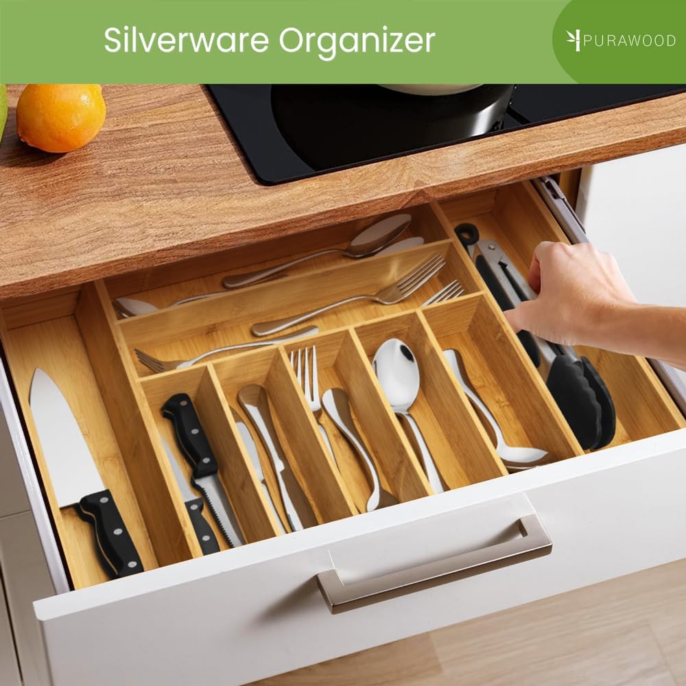 Bamboo Drawer Organizer, 2 Pack - Expandable Silverware Organizer & Utensil Drawer Organizer, Cutlery Tray with Dividers, 7-9 Slots- Premium Kitchen Organizer for Utensils & Flatware (Natural)