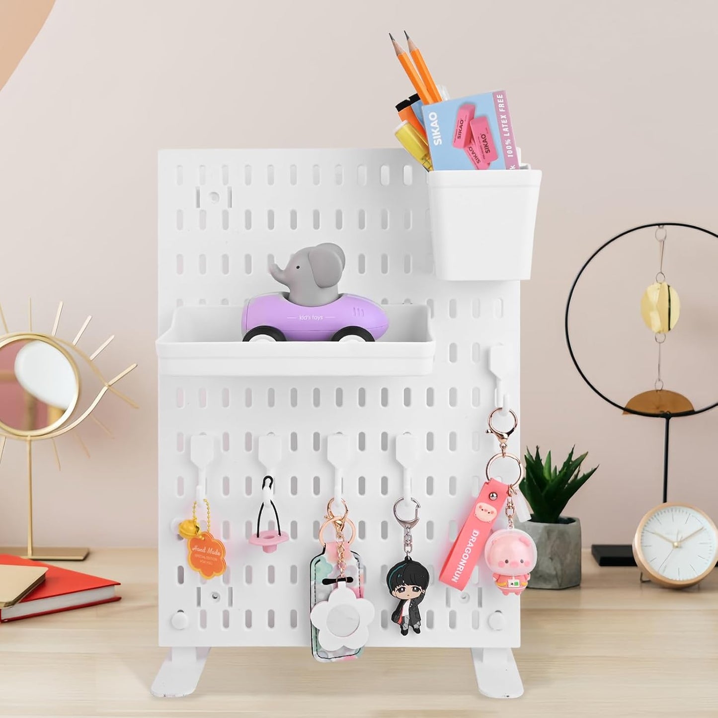 Desk Pegboard Combination Kit,Desk Organizer for Home Office,Plastic Peg Board with 7 Accessories Hooks Shelf Baskets, 16.5" x 11.8"